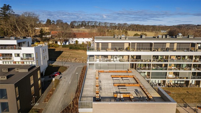 Stor felles takterrasse på toppen av bygget.