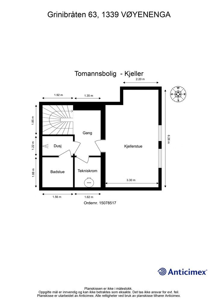 Kjelleren inneholder kjellerstue, dusjrom, badstue og teknisk rom. Innredningen er ikke omsøkt eller godkjent for varig opphold.