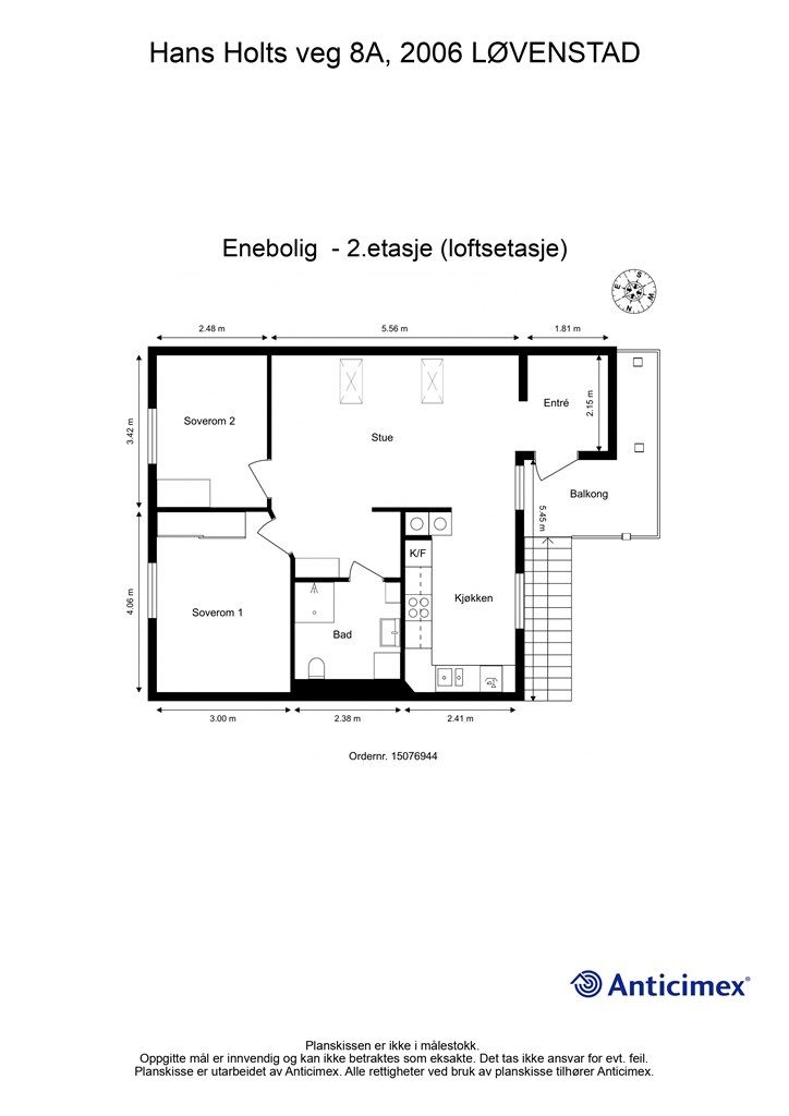 Plantegning for 2. etasje, innredet som en separat leilighet på 66 m². Leiligheten er leid ut. Leiligheten er lovlig til beboelse men er ikke godkjent som egen boenhet