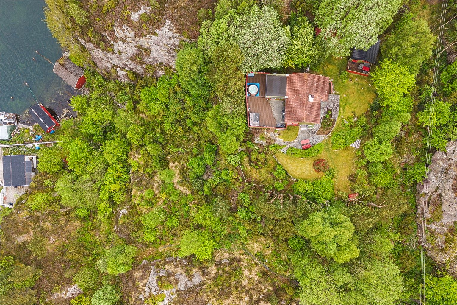 Dronebilde av eiendommen med båtopptrekk i viken nedenfor.