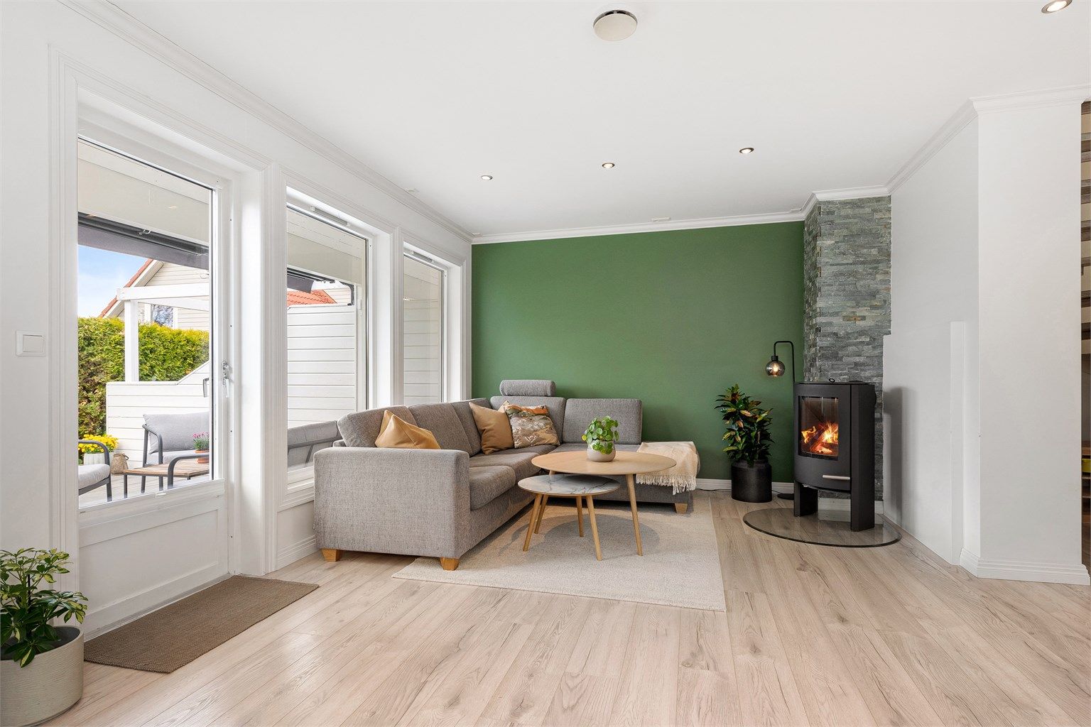 Peisovn fra 2018 med glassdør i stuen som gir en lun og hyggelig atmosfære. 