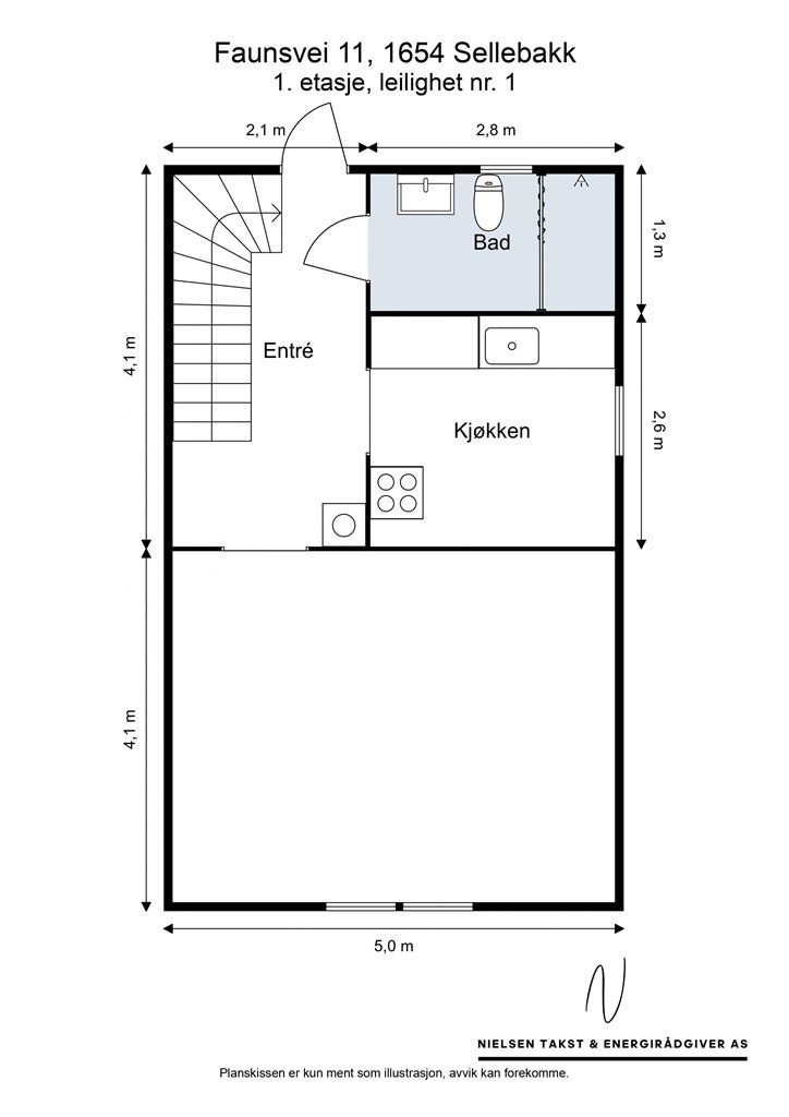 Veiledende skisse av første etasje i leilighet #1.