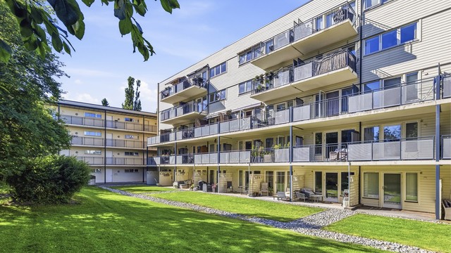 Felles tomt opparbeidet med blant annet asfalterte veier, belegningsstein, biloppstillingsplass, sittegrupper, plenarealer og andre forskjellige beplantninger