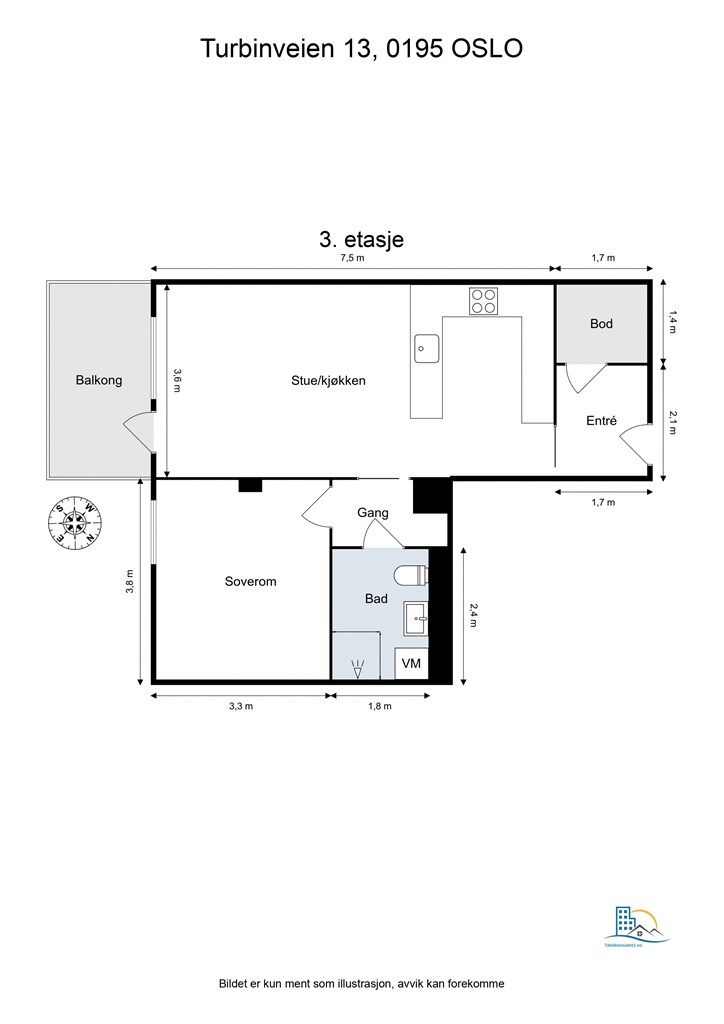 Plantegning. Leiligheten ligger i byggets 3.etasje. 