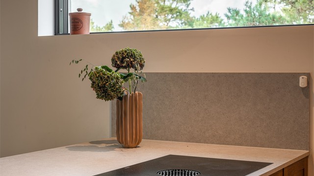 Benkeplatene er varmebestandige. Nedsenket platetopp har induksjon og avtrekk med kullfilter.