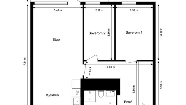 Leiligheten har en arealeffektiv planløsning med entré, to soverom, bad og åpen stue-kjøkkenløsning.