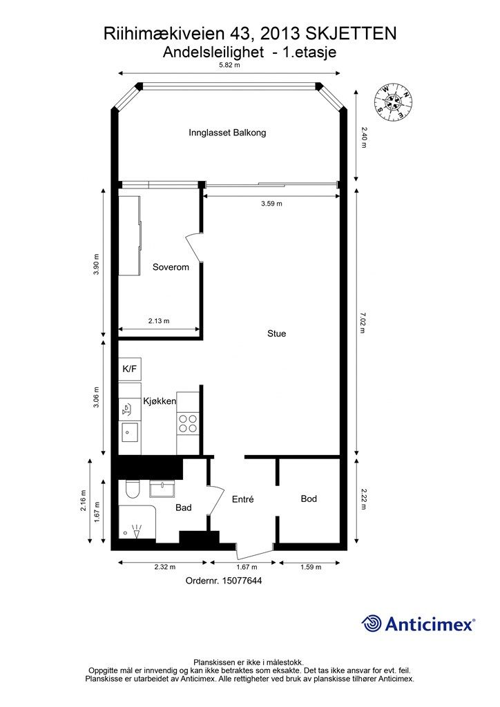Plantegningen viser en arealeffektiv leilighet på 54 m² med åpen stue- og kjøkkenløsning.