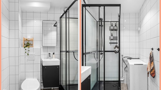 Lyst og pent bad med stilig innredning og opplegg til vaskemaskin.