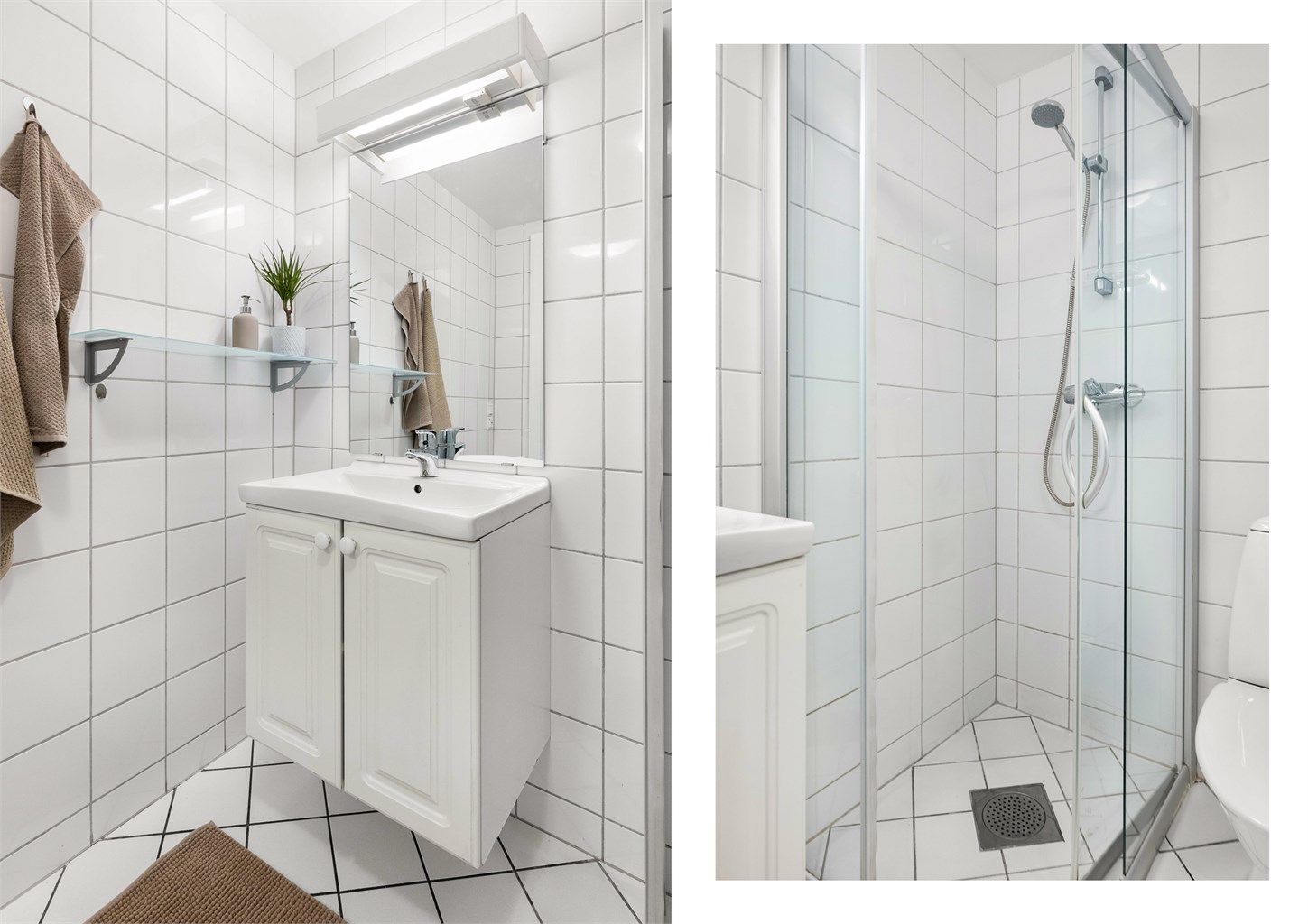 Badet har flislagte vegger og flislagt gulv med gulvvarme samt mekanisk avtrekk.