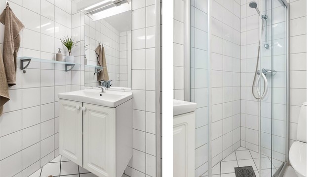 Badet har flislagte vegger og flislagt gulv med gulvvarme samt mekanisk avtrekk.