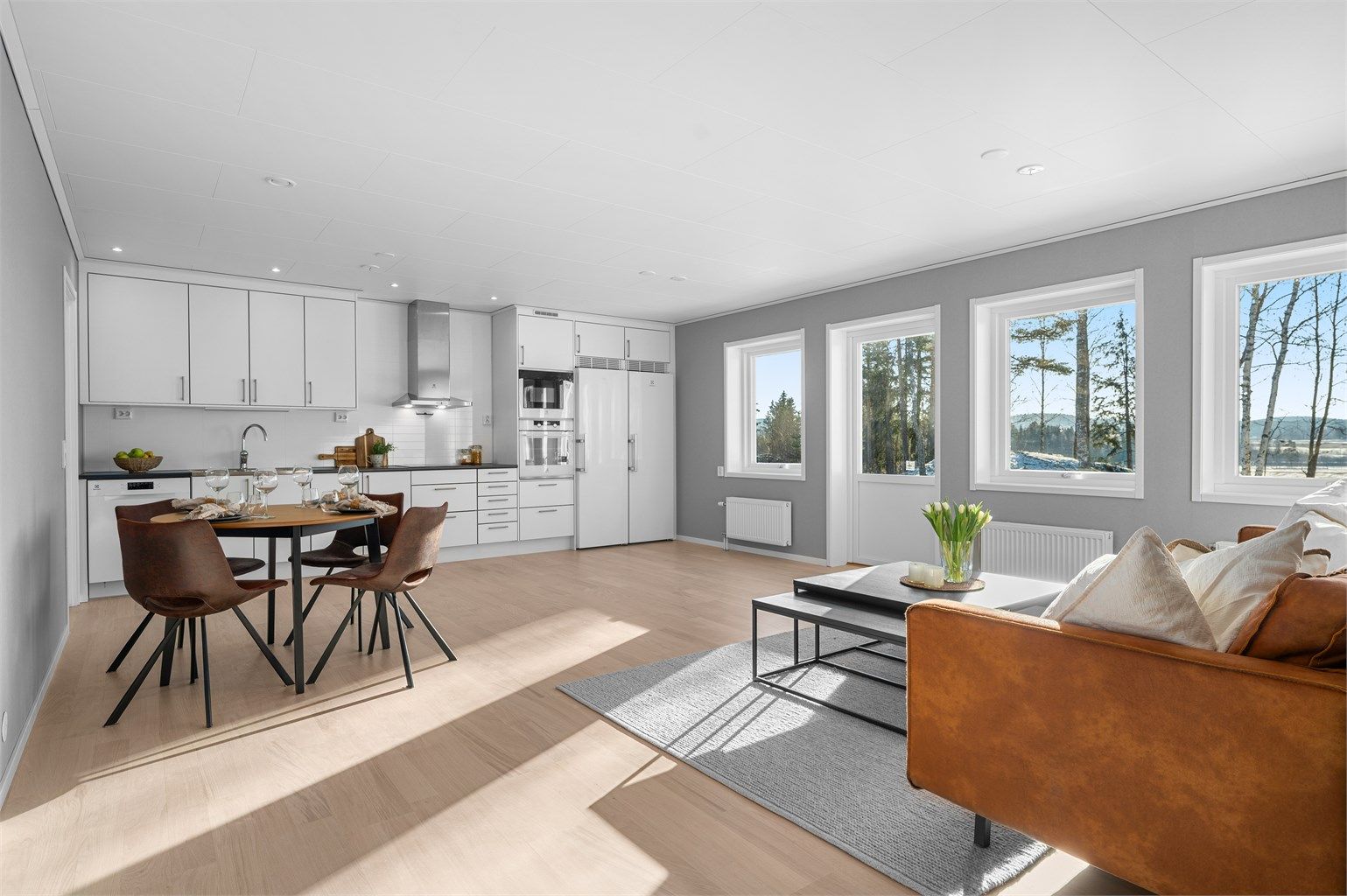 Godt med naturlig lys og luftig utsyn fra stuen/kjøkkenet. 