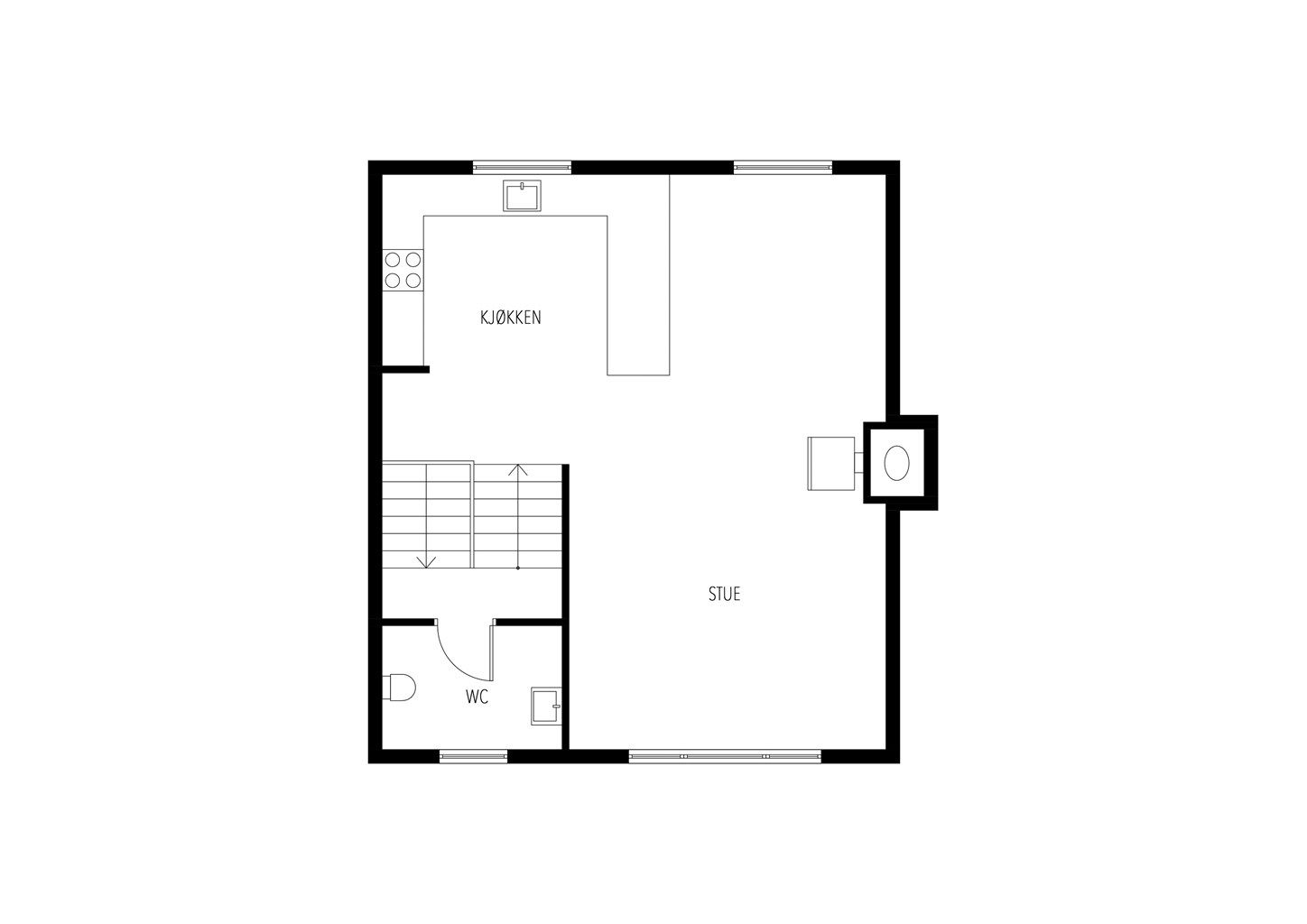 Plantegning første etasje (wc er halvplan mellom første og andre etasje)