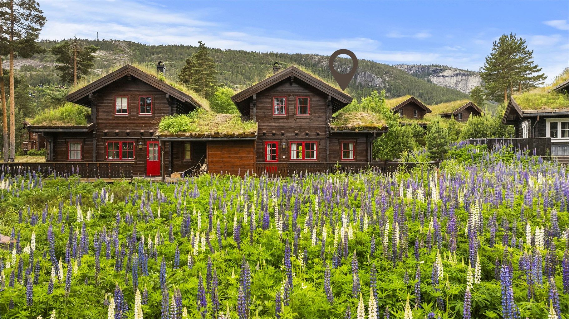 Hytta har et tradisjonelt torvtak som glir godt inn i naturen rundt.