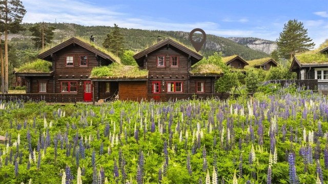 Hytta har et tradisjonelt torvtak som glir godt inn i naturen rundt.