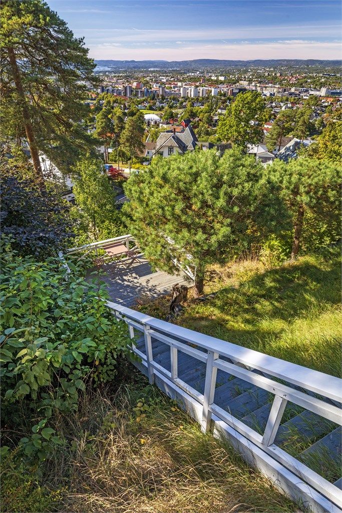 Felles tomt i skrånende terreng med trappeadkomst ned til usjenert utsiktplatting.