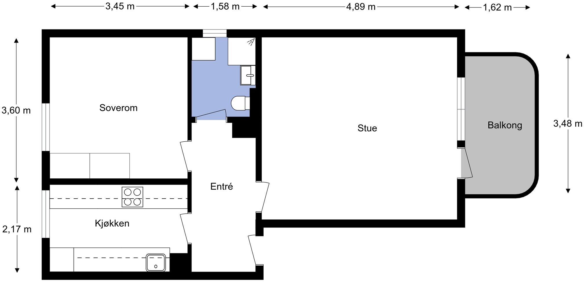 Den opprinnelige planløsningen er en romslig 2-roms og passer perfekt for deg som ønsker separate soner for matlaging og opphold.