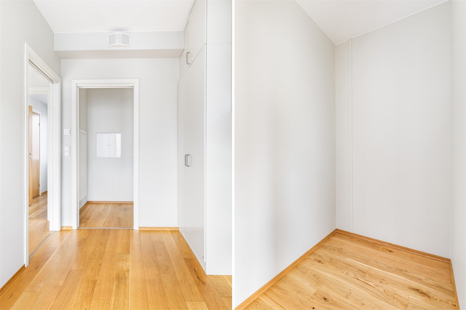 I tillegg til skap har soverommet et tilknyttet omkledningsrom som med tilpasset innredning kan bli et flott walk-in closet.