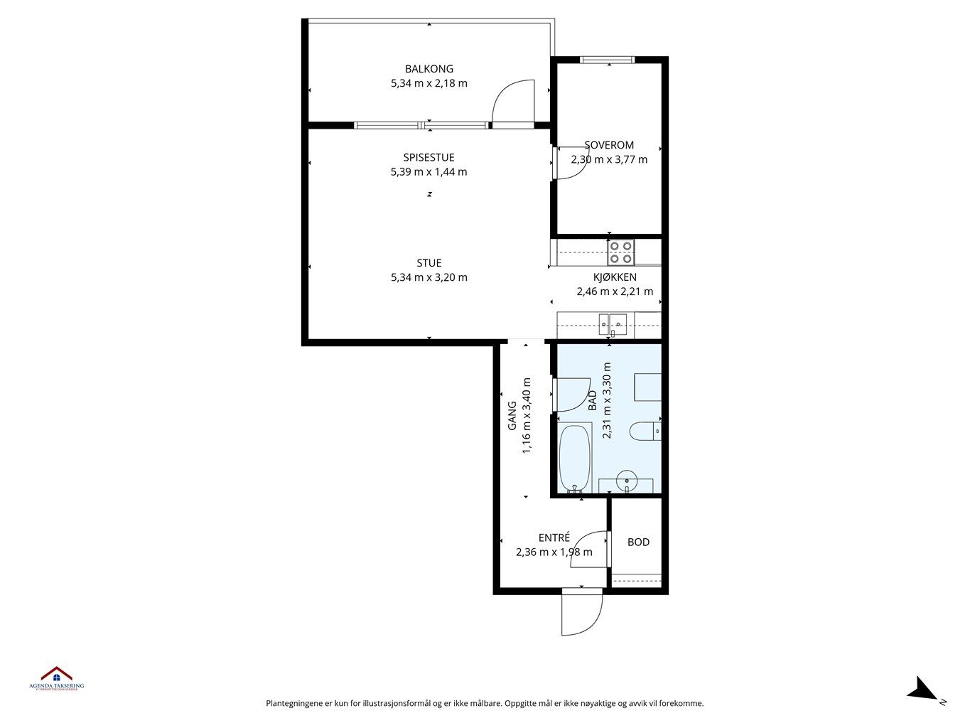 Leiligheten har en arealeffektiv planløsning på 59 m² som gir en god romfølelse