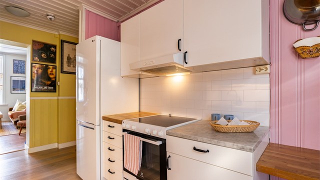 Hvitevarene medfølger salget. Ventilatoren er plassert i overskapet over koketoppen.