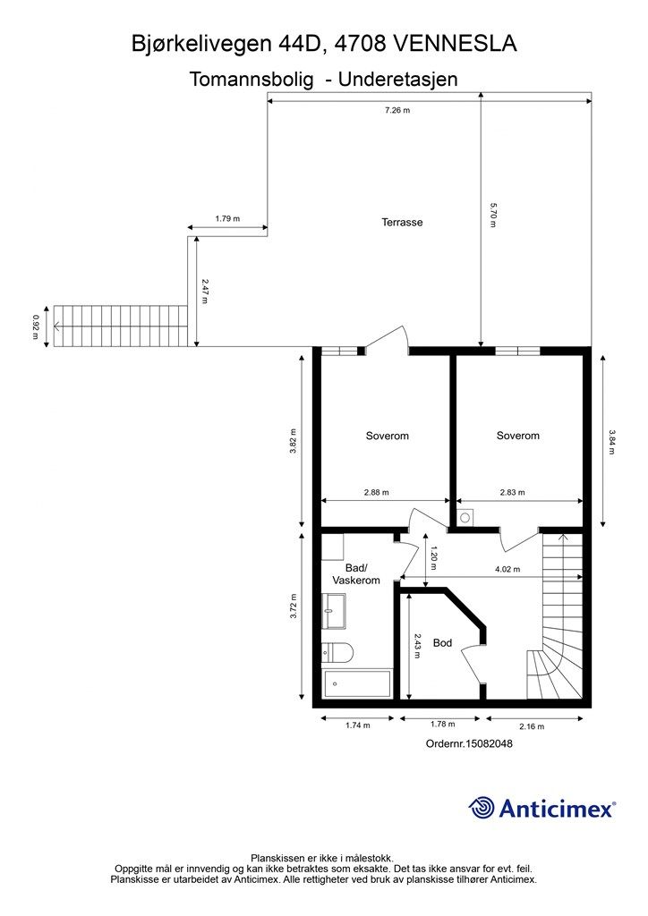 U. Etasje/Kjeller - 2D plantegning med mål