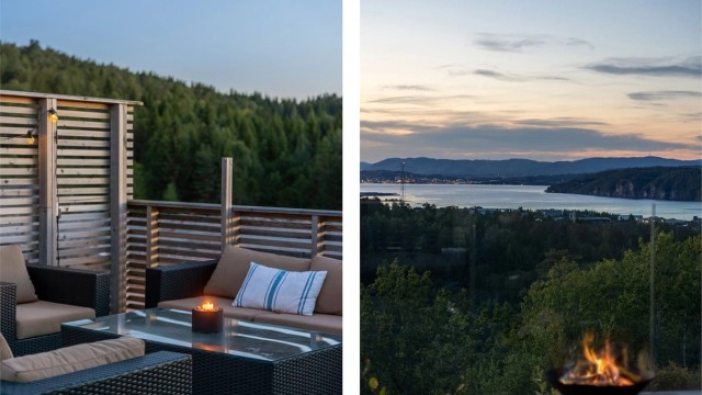 Kombinasjonen av utsikt og romslighet gjør terrassen til en av boligens fremste kvaliteter.