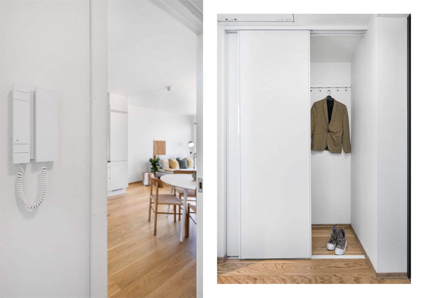Leiligheten har porttelefon og i entreèn er det god plass for oppbevaring i skyvedørsgarderobe