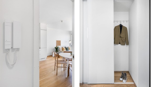 Leiligheten har porttelefon og i entreèn er det god plass for oppbevaring i skyvedørsgarderobe