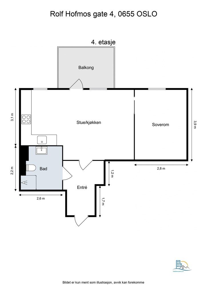 Leiligheten har en arealeffektiv og gjennomtenkt planløsning på 46 m² (BRA). Den sosiale sonen med åpen stue- og kjøkkenløsning har utgang til balkongen, mens soverommet ligger adskilt. I tillegg disponeres en romslig kjellerbod på hele 8,3 m².