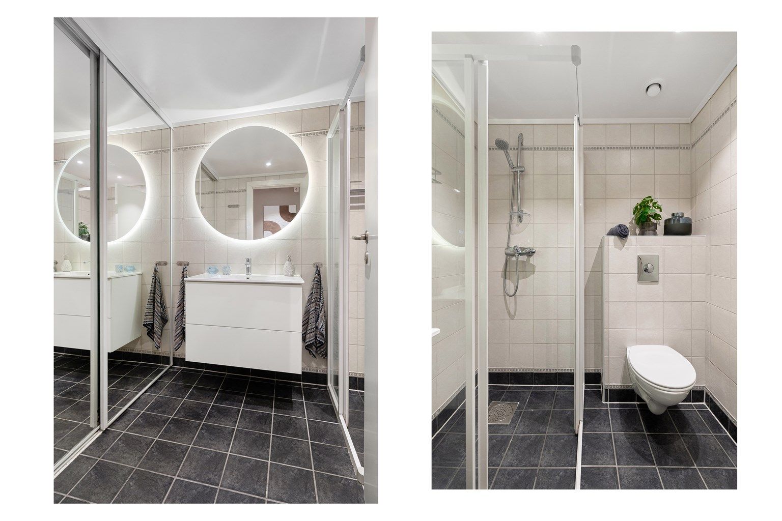 Badet har flislagt gulv med gulvvarme og vegghengt toalett.