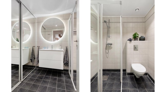 Badet har flislagt gulv med gulvvarme og vegghengt toalett.