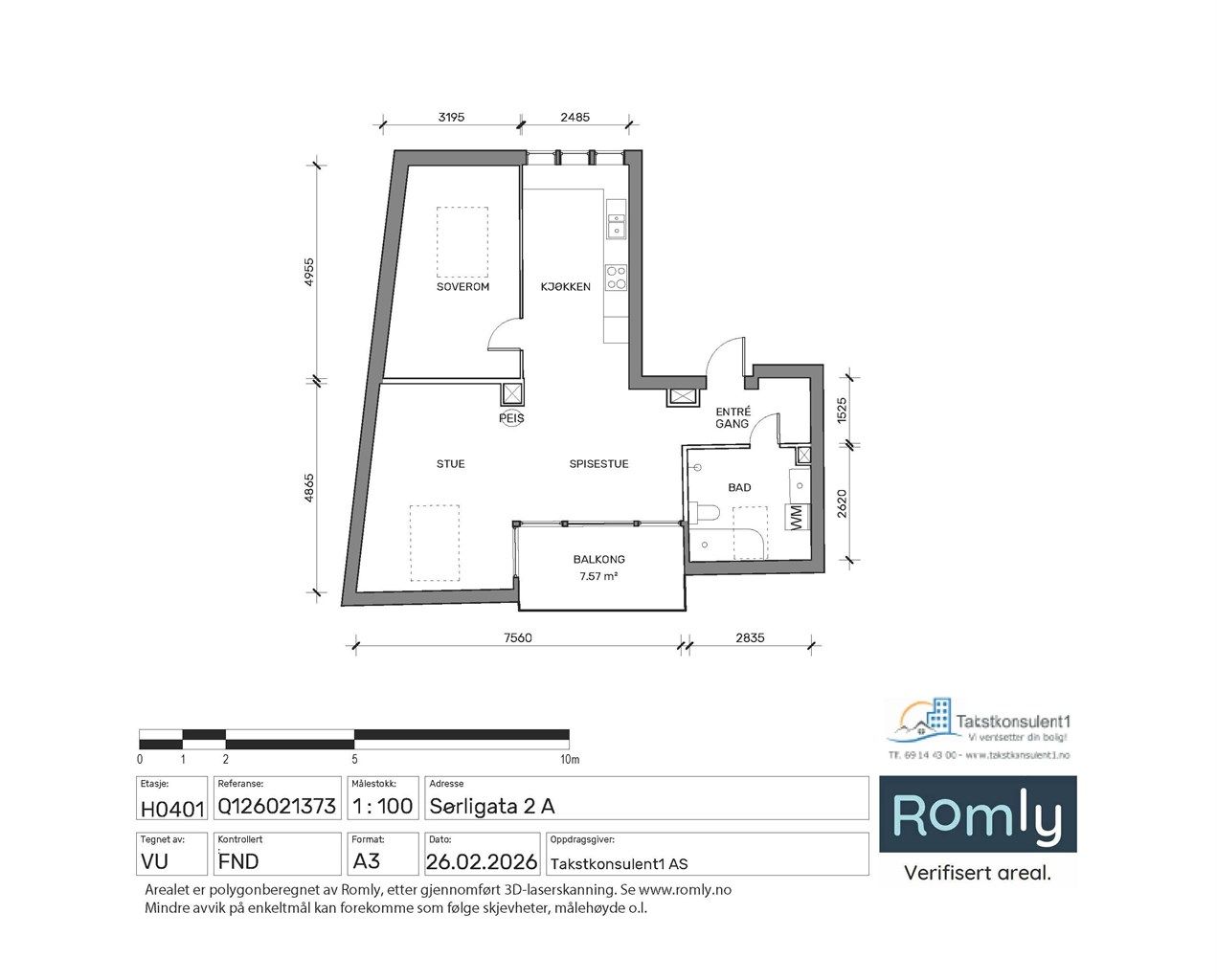 Leiligheten har en arealeffektiv og gjennomtenkt planløsning med en sosial sone og adskilt soverom.