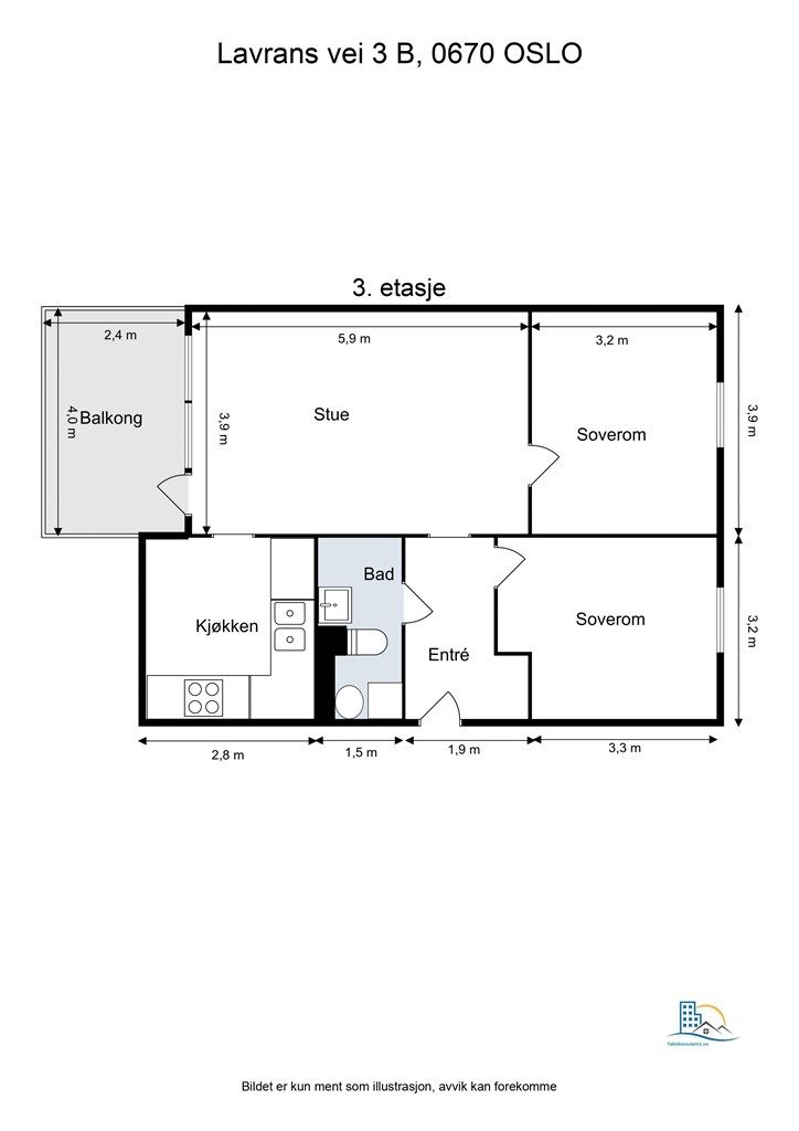 Leiligheten har en gjennomgående og arealeffektiv planløsning med to romslige soverom.