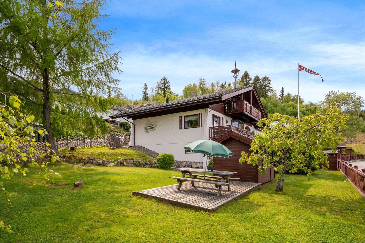 Ved siden av dukkestua i hagen vokser et lite morelltre. 