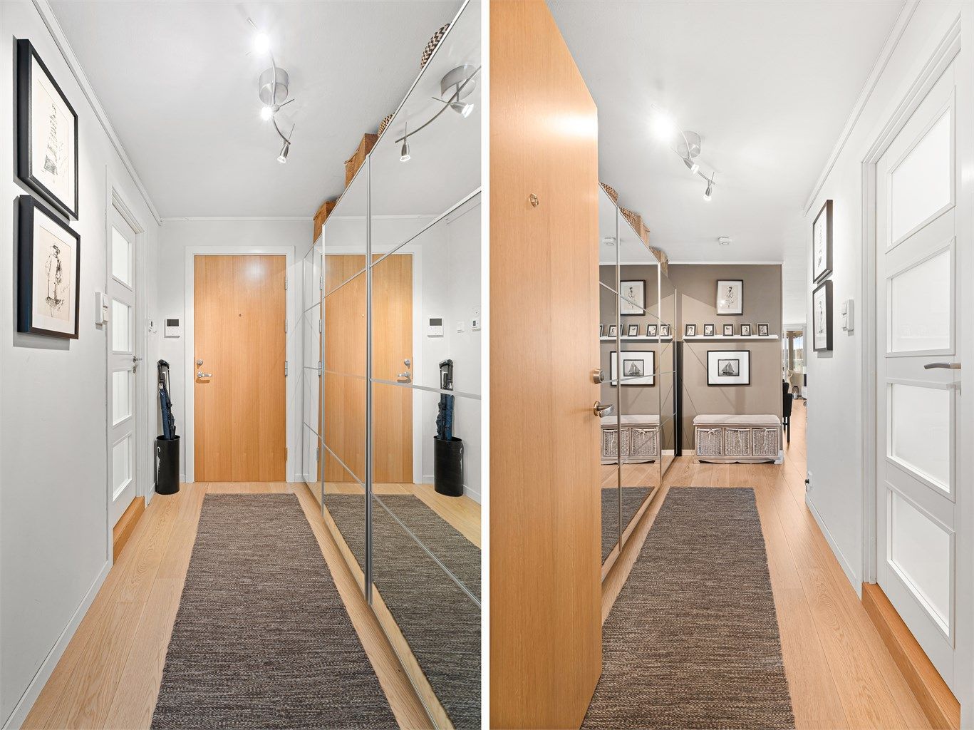 Gang/entré med klesoppbevaring i skyvedørsgarderobe. 