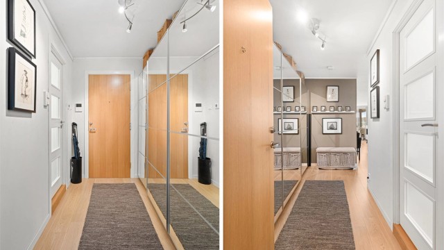 Gang/entré med klesoppbevaring i skyvedørsgarderobe.