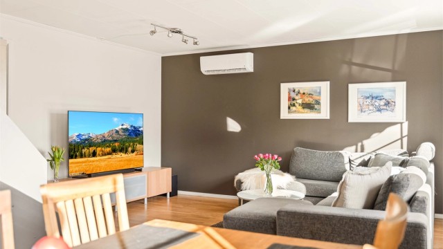 En energieffektiv luft-til-luft varmepumpe i stuen sørger for jevn temperatur året rundt.