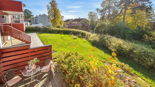 Et hyggelig utsyn mot borettslagets grøntområder gir uteplassen en åpen og luftig ramme.
