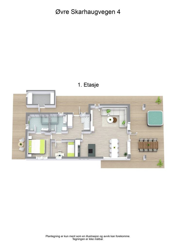 3 D planløsning av 1. etasje