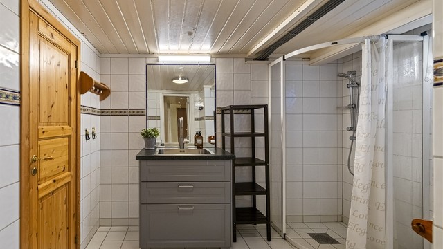 Badet er utstyrt med dusjhjørne, toalett og servant.
