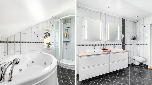 To servanter, dusjkabinett og boblebad legger til rette for at badet kan benyttes av to personer samtidig.