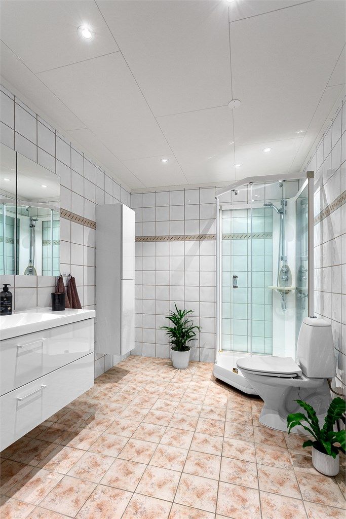 Dusjkabinett i hjørnet og gulvstående toalett