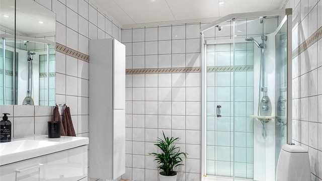 Dusjkabinett i hjørnet og gulvstående toalett