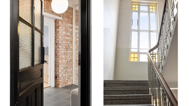 Adkomst via en lys og velholdt trappeoppgang. Inngangsdøren fra 2020 er brannsikret og utstyrt med Yale Doorman kodelås.