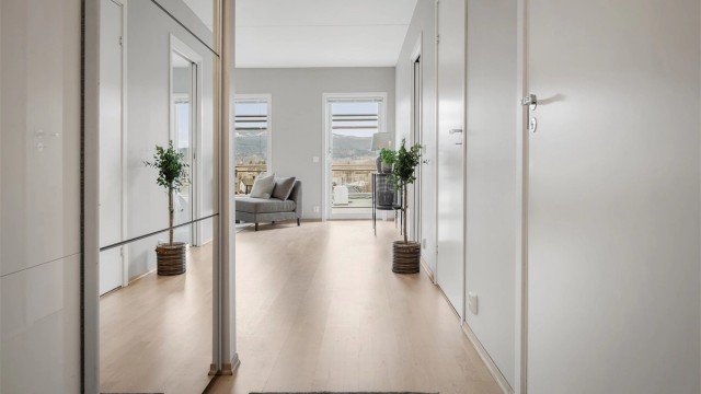 Entré med dørcallinganlegg og skyvedørsgarderobe.