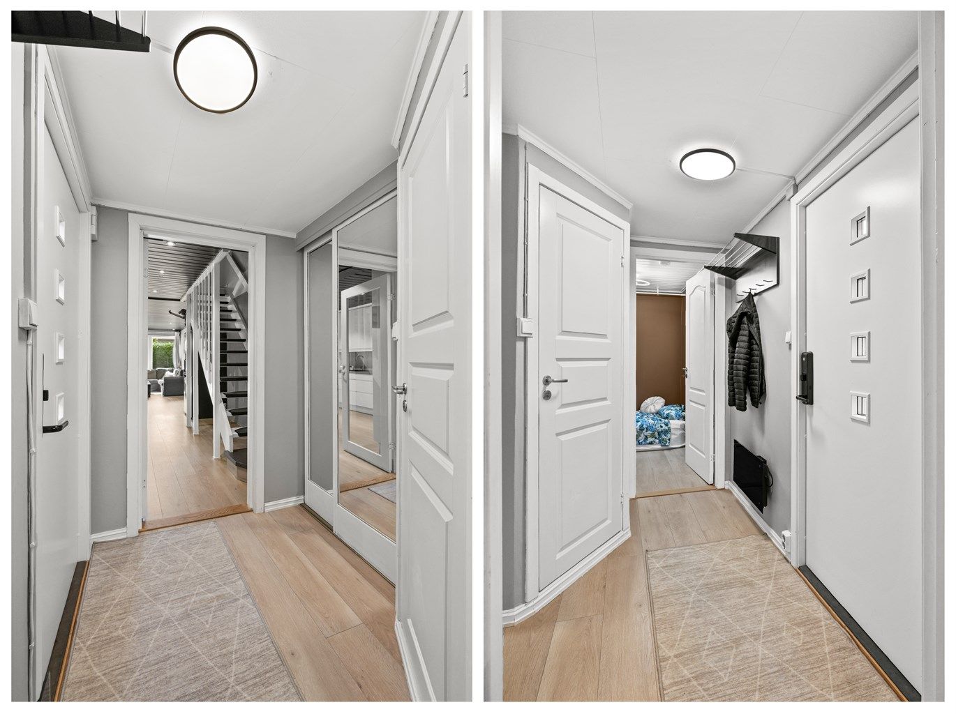 Lys entré med skyvedørsgarderobe. Det er også en praktisk bod ved inngangspartiet.