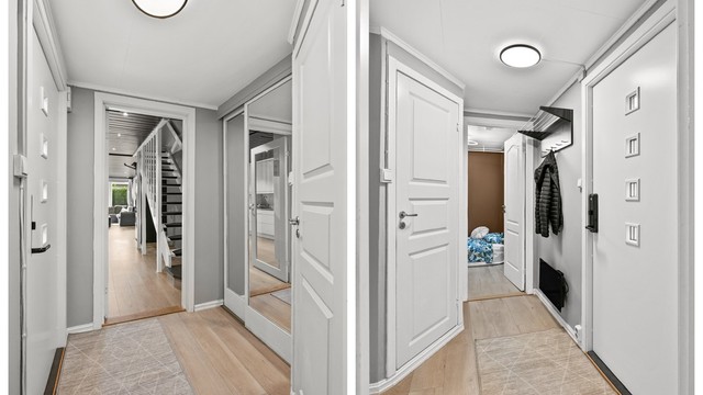 Lys entré med skyvedørsgarderobe. Det er også en praktisk bod ved inngangspartiet.