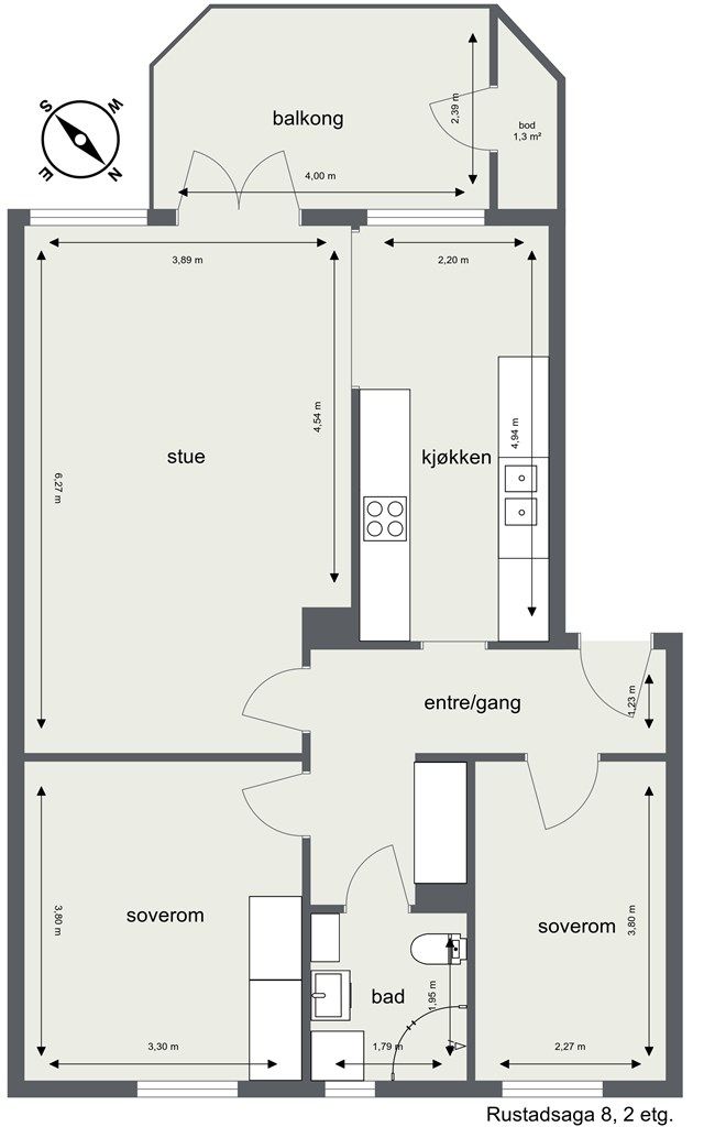 Leiligheten har en arealeffektiv planløsning på 71 m² med to soverom og adskilt kjøkken.