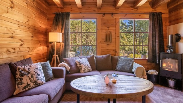 Koselig stue med peisovn og store vindusflater