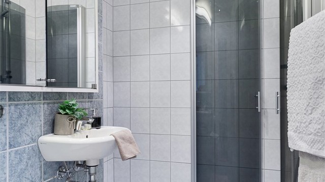 Speilskap med overlys over servant. Dusjhjørne med dører. Opplegg for vaskemaskin.