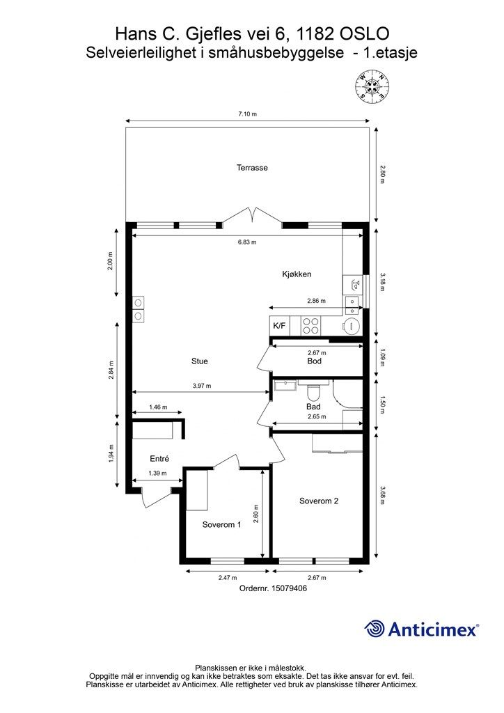 Leiligheten har en arealeffektiv planløsning på ett plan, med to soverom og intern bod.